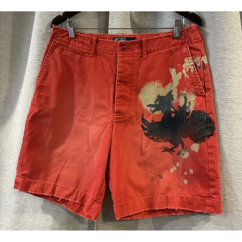 Y2K Polo Ralph Lauren Artistic Graphic Blot Art Design Red Chino Shorts